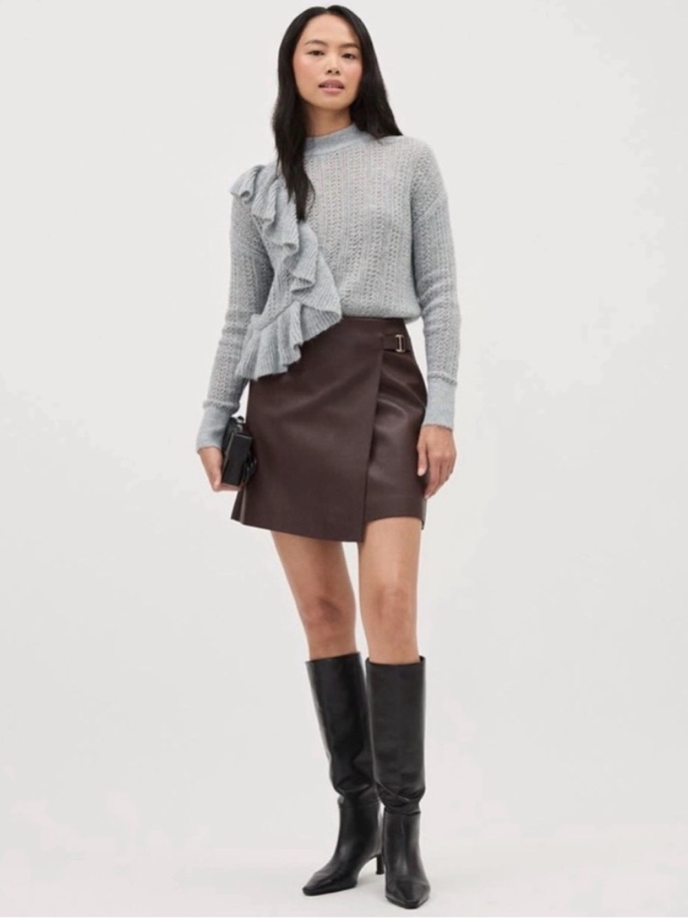 NWT Grey Asymmetric Ruffle Pointelle Knit Sweater | Mock Neck Soft Girl Pullover